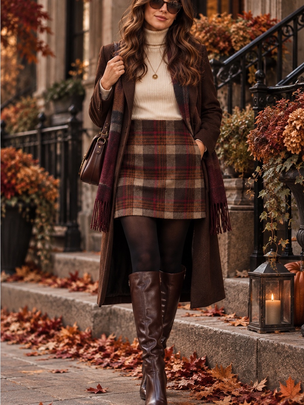 Wool Blend Plaid Mini Skirt Brown Red Tweed A Line Pockets Fall Autumn